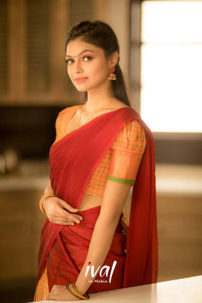 Padmaja - Reddish Maroon And Yellow Ochre Cotton Halfsaree Half Sarees