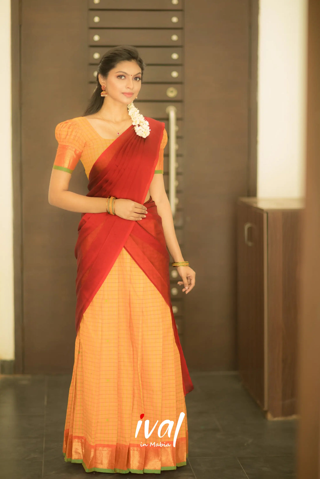 Padmaja - Reddish Maroon And Yellow Ochre Cotton Halfsaree Half Sarees