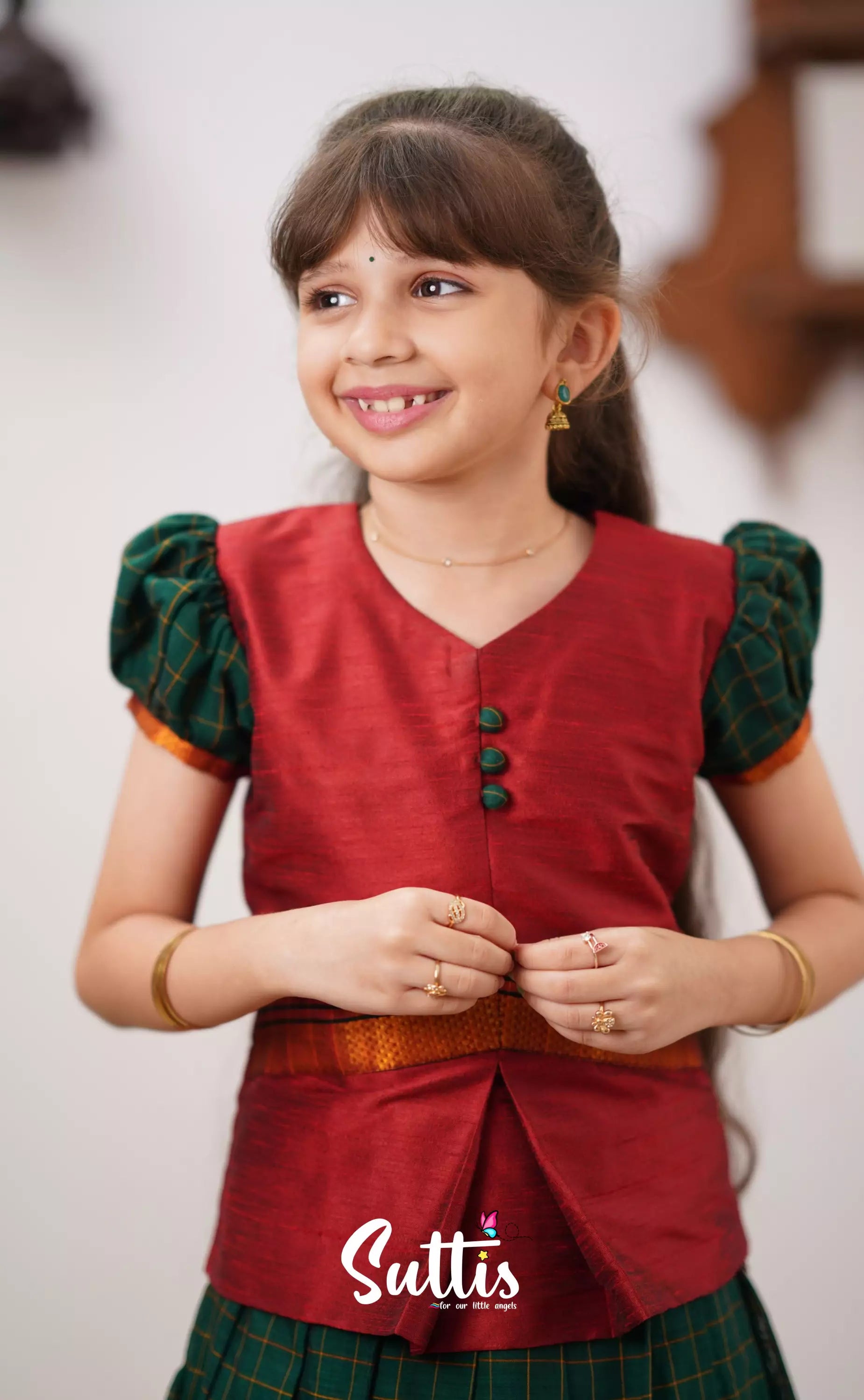 Padmaja - Reddish Maroon Shade And Dark Green Tone Cotton Pavadai Sattai Kids-Suttis