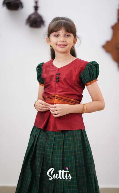 Padmaja - Reddish Maroon Shade And Dark Green Tone Cotton Pavadai Sattai Kids-Suttis