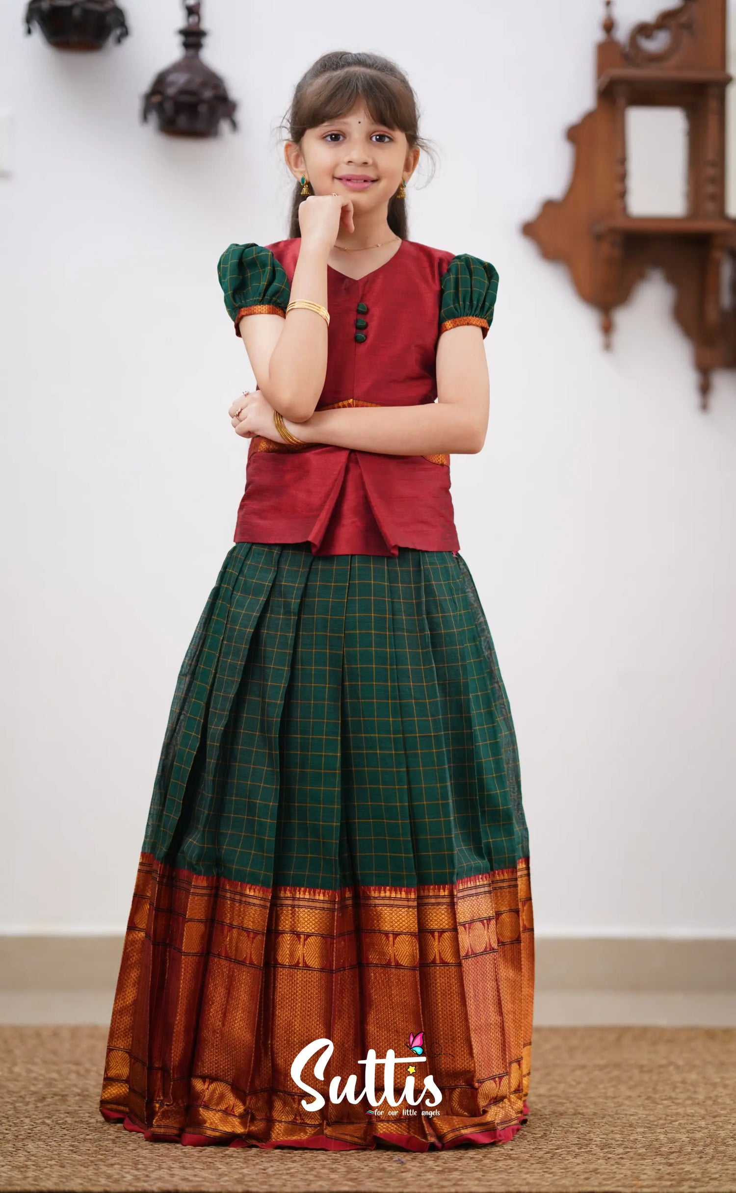 Padmaja - Reddish Maroon Shade And Dark Green Tone Cotton Pavadai Sattai Kids-Suttis