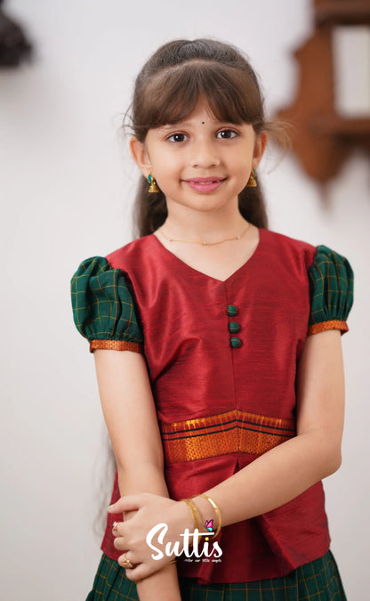 Padmaja - Reddish Maroon Shade And Dark Green Tone Cotton Pavadai Sattai Kids-Suttis