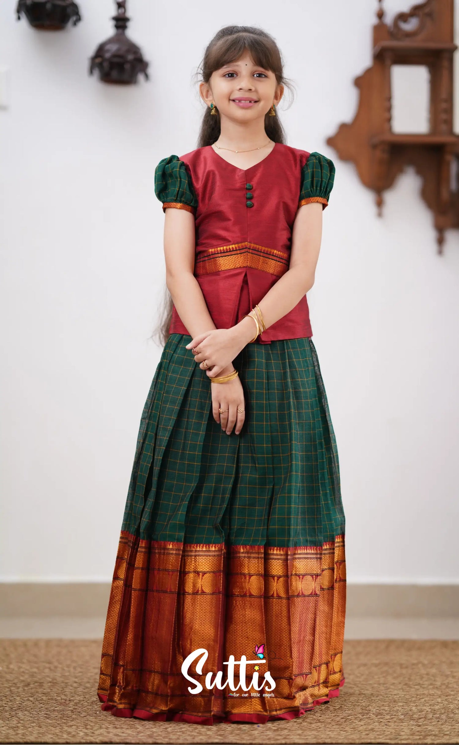 Padmaja - Reddish Maroon Shade And Dark Green Tone Cotton Pavadai Sattai Kids-Suttis