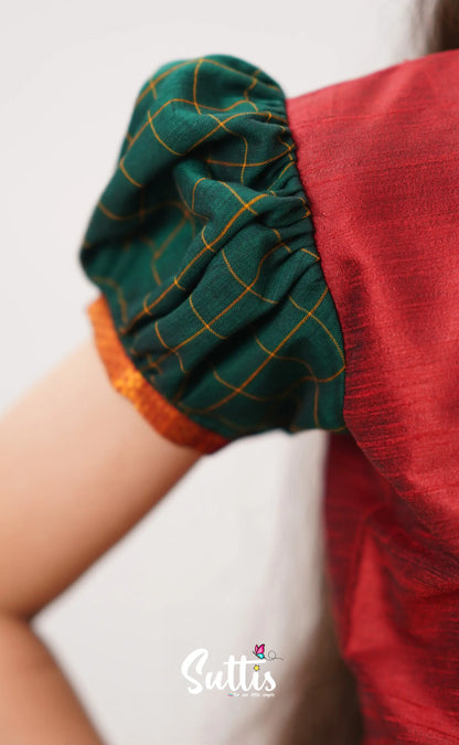 Padmaja - Reddish Maroon Shade And Dark Green Tone Cotton Pavadai Sattai Kids-Suttis