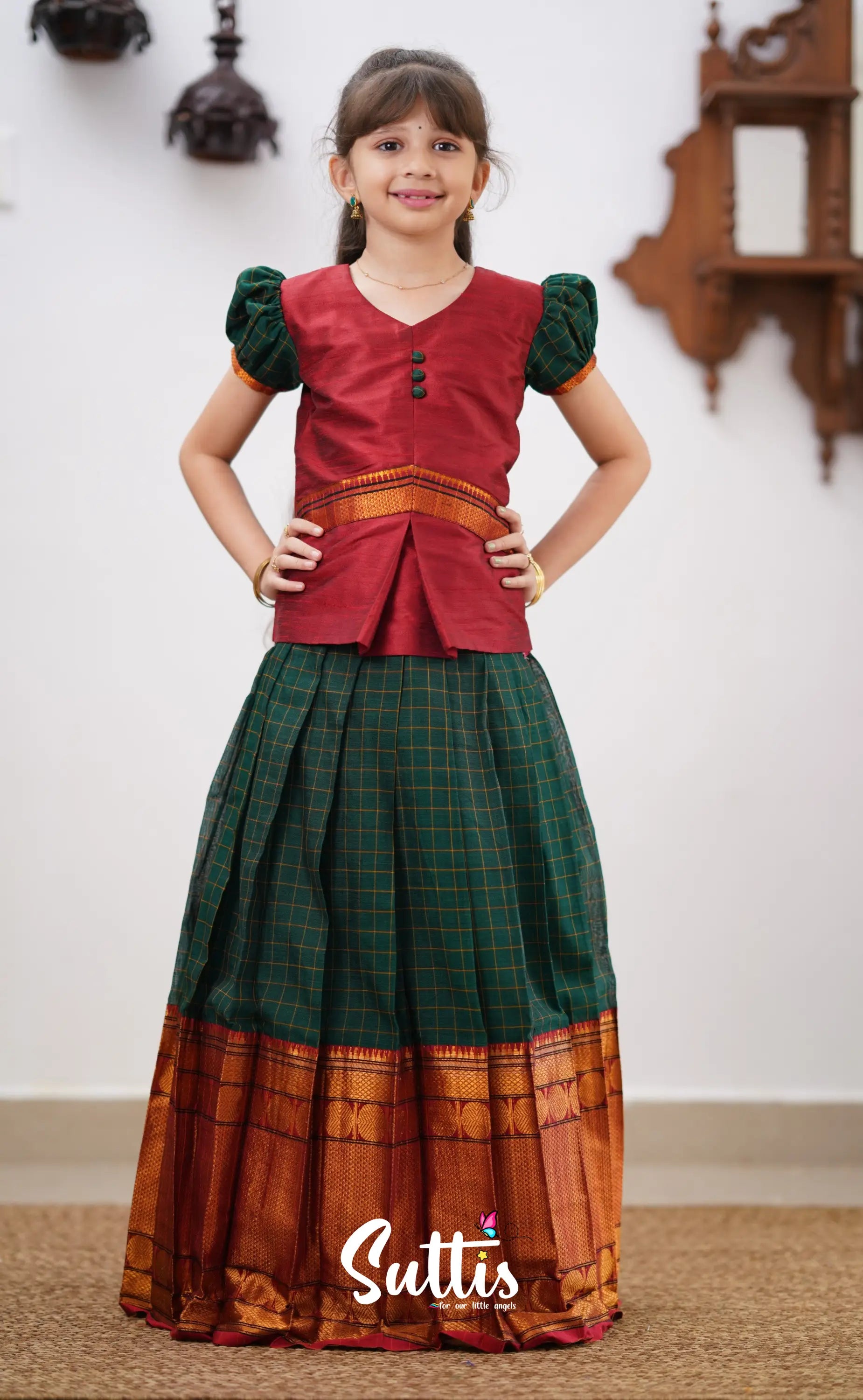 Padmaja - Reddish Maroon Shade And Dark Green Tone Cotton Pavadai Sattai Kids-Suttis