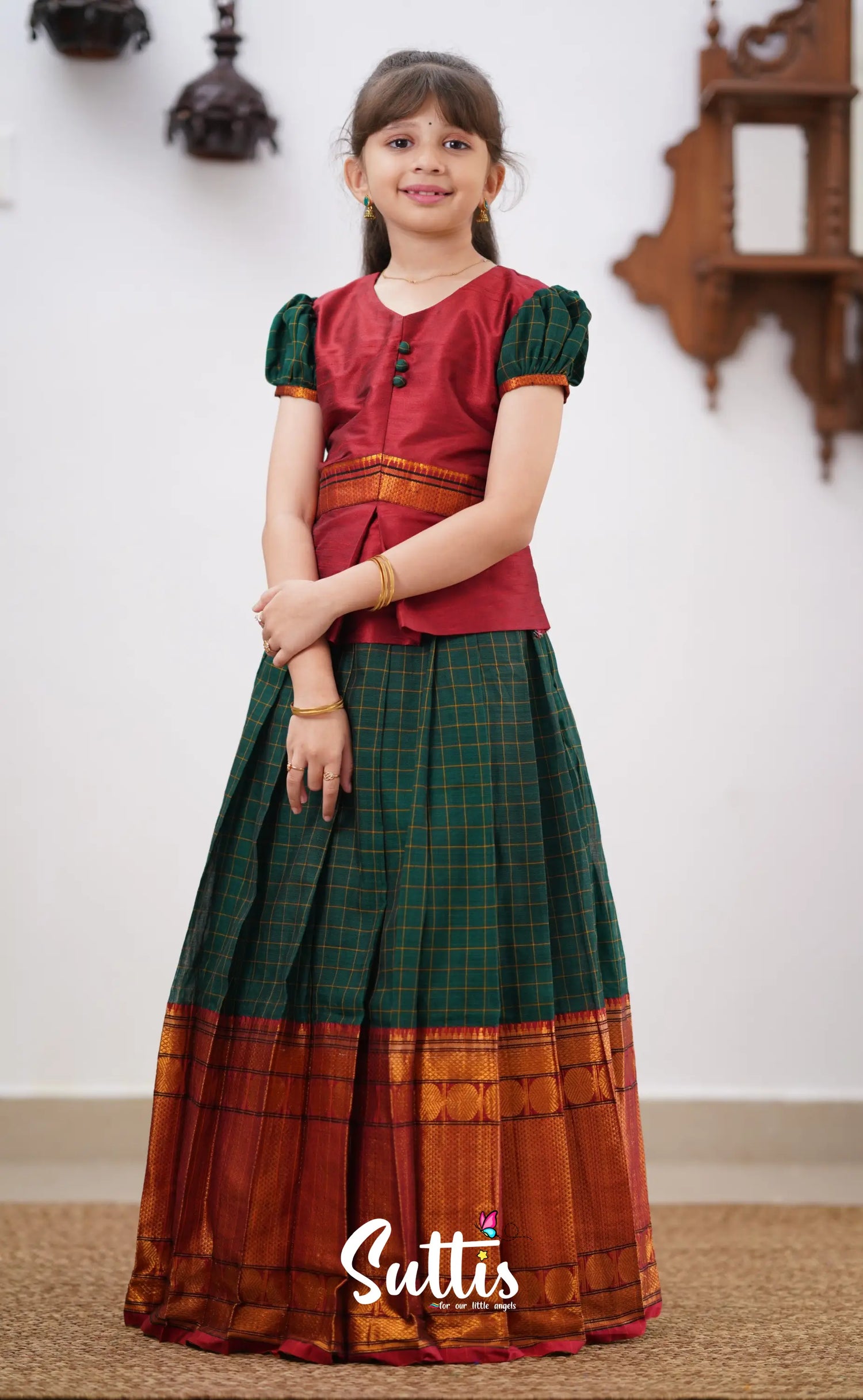 Padmaja - Reddish Maroon Shade And Dark Green Tone Cotton Pavadai Sattai Kids-Suttis