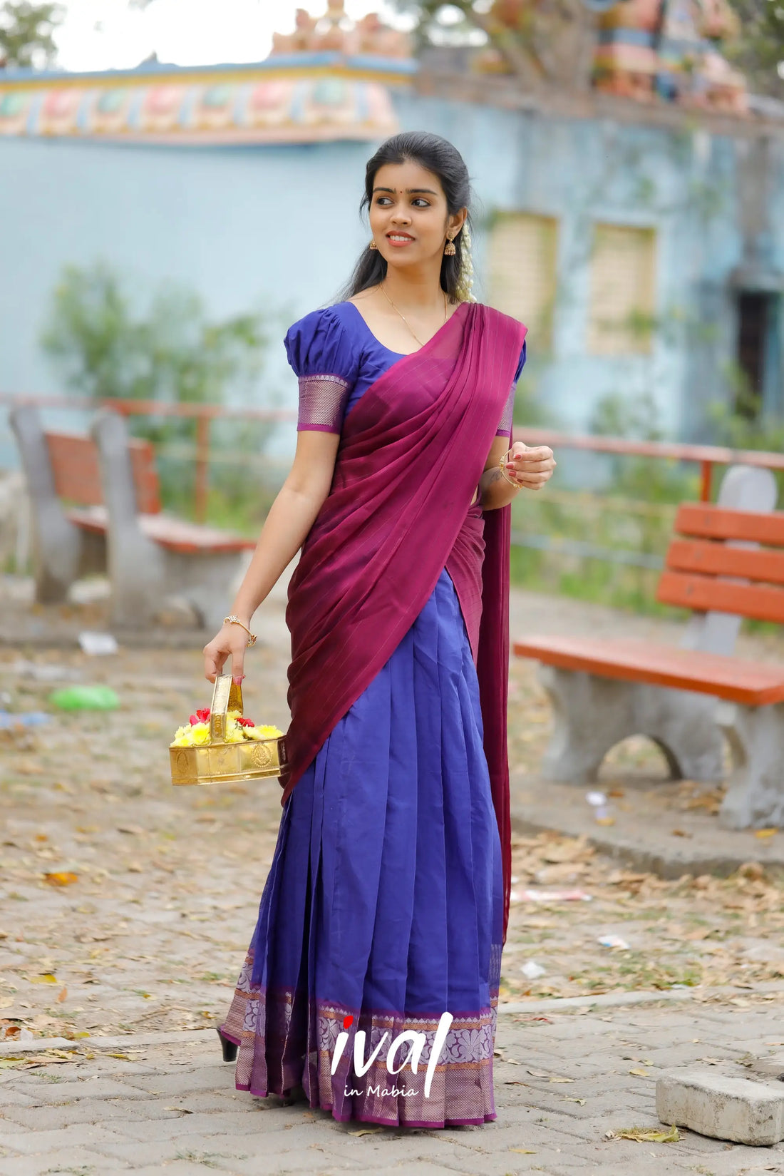 Padmaja - Royal Blue And Magenta Cotton Half Saree Sarees