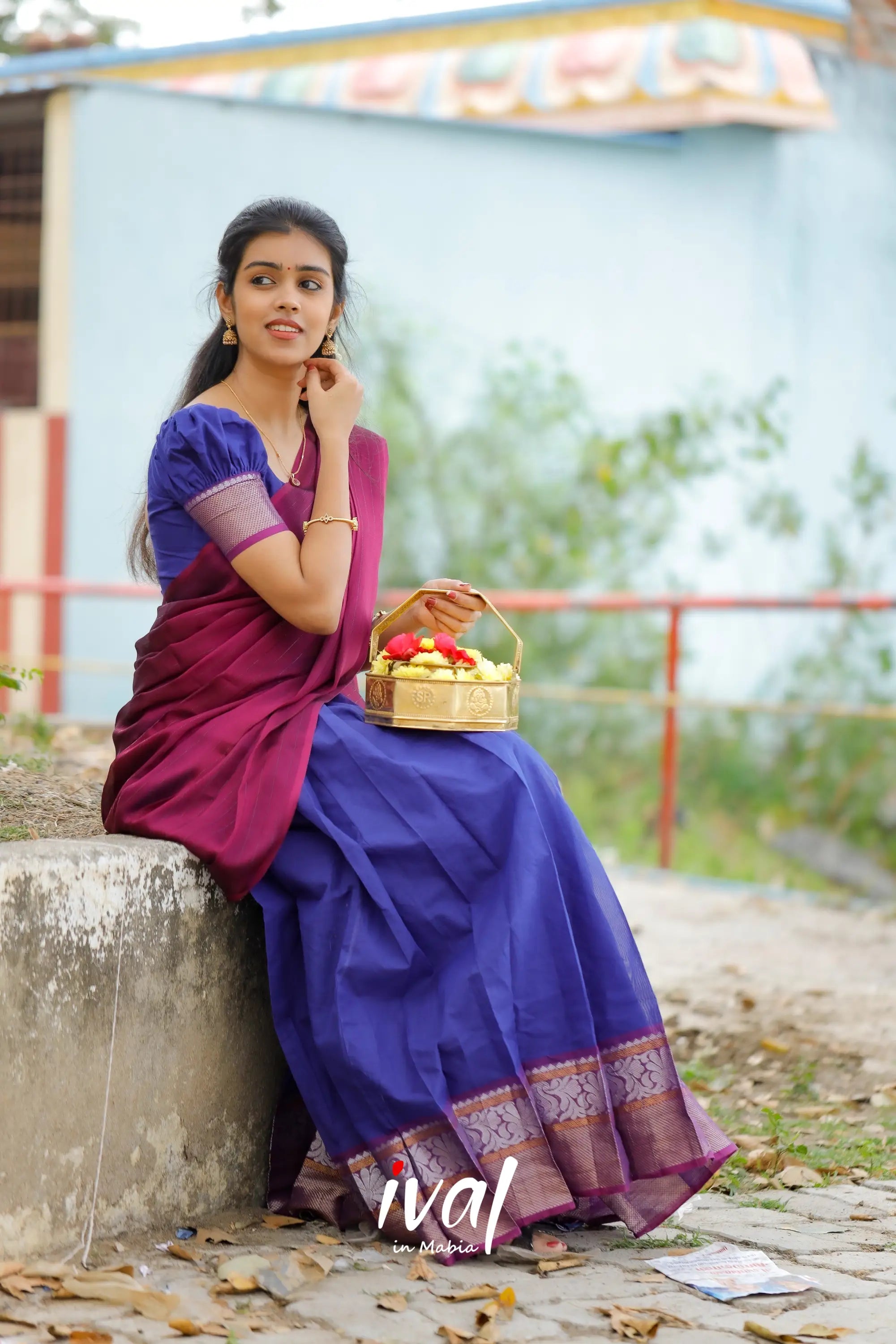 Padmaja - Royal Blue And Magenta Cotton Half Saree Sarees