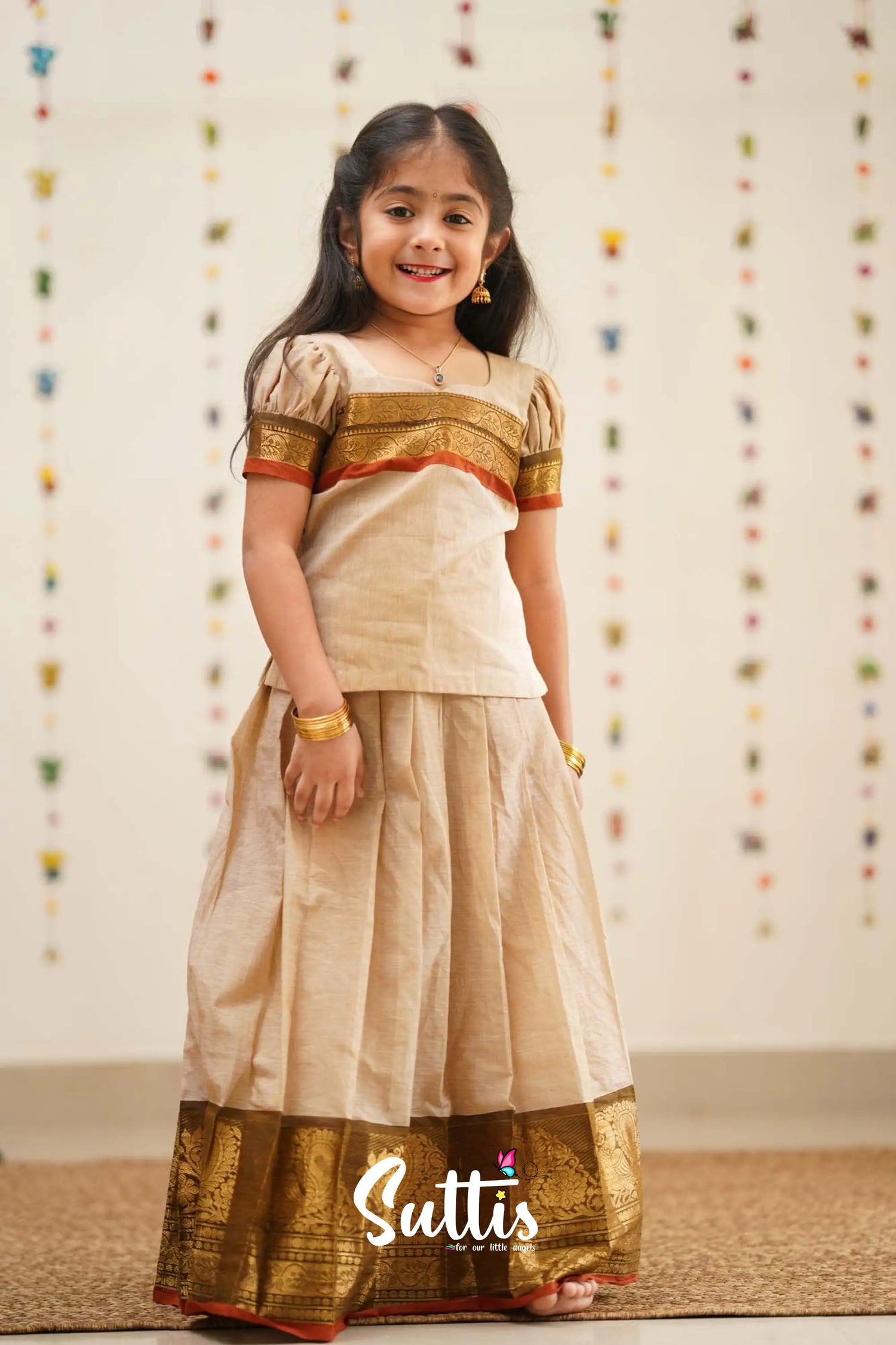 Padmaja - Sandal And Rust Orange Cotton Pavadai Top Kids-Suttis