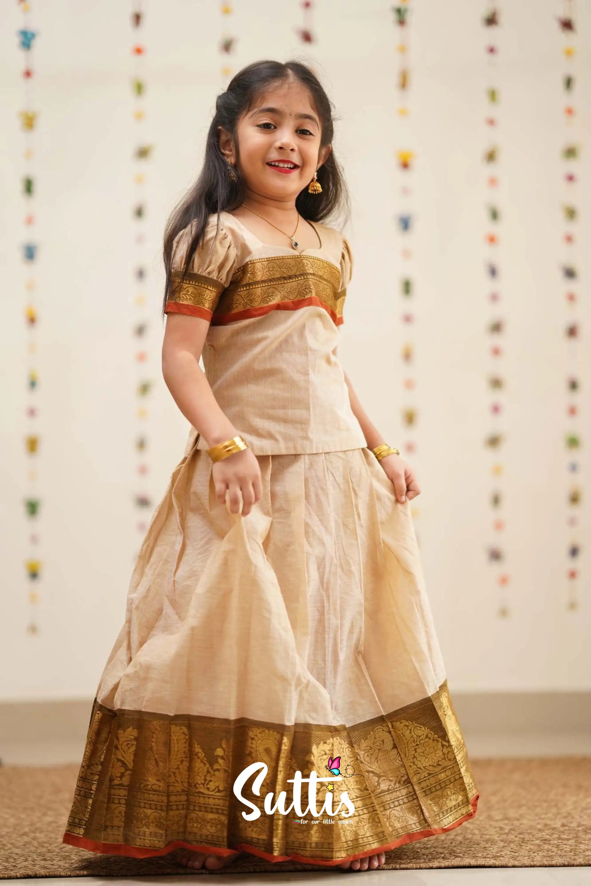 Padmaja - Sandal And Rust Orange Cotton Pavadai Top Kids-Suttis