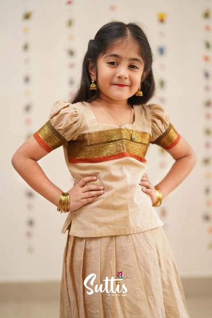 Padmaja - Sandal And Rust Orange Cotton Pavadai Top Kids-Suttis