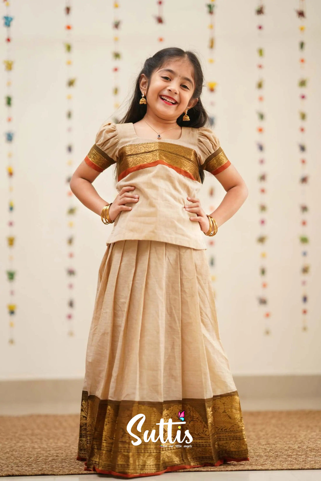 Padmaja - Sandal And Rust Orange Cotton Pavadai Top Kids-Suttis