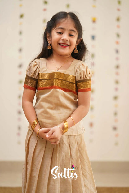 Padmaja - Sandal And Rust Orange Cotton Pavadai Top Kids-Suttis