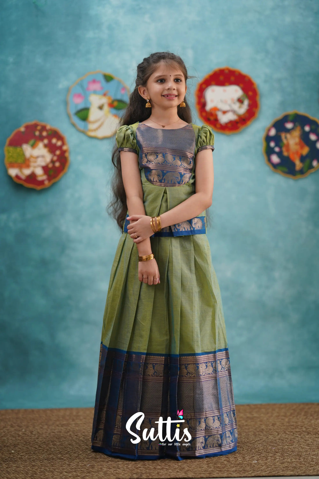 Padmaja - Sea Green And Blue Pavadai Sattai Kids-Suttis