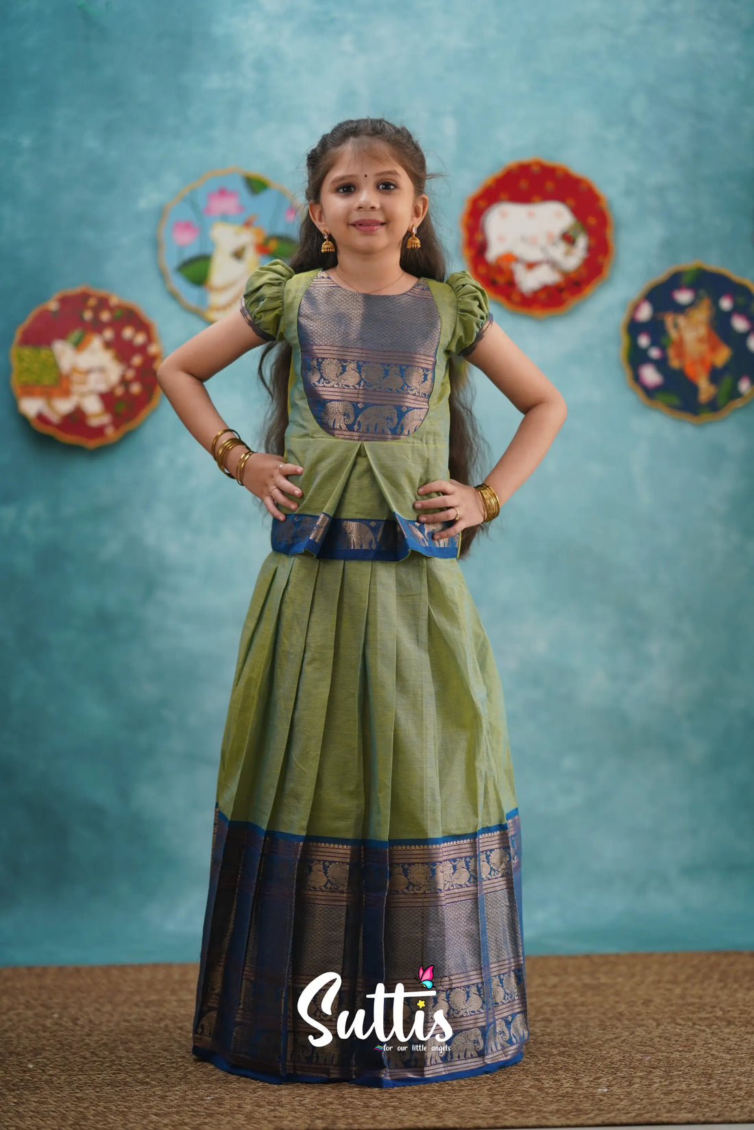 Padmaja - Sea Green And Blue Pavadai Sattai Kids-Suttis