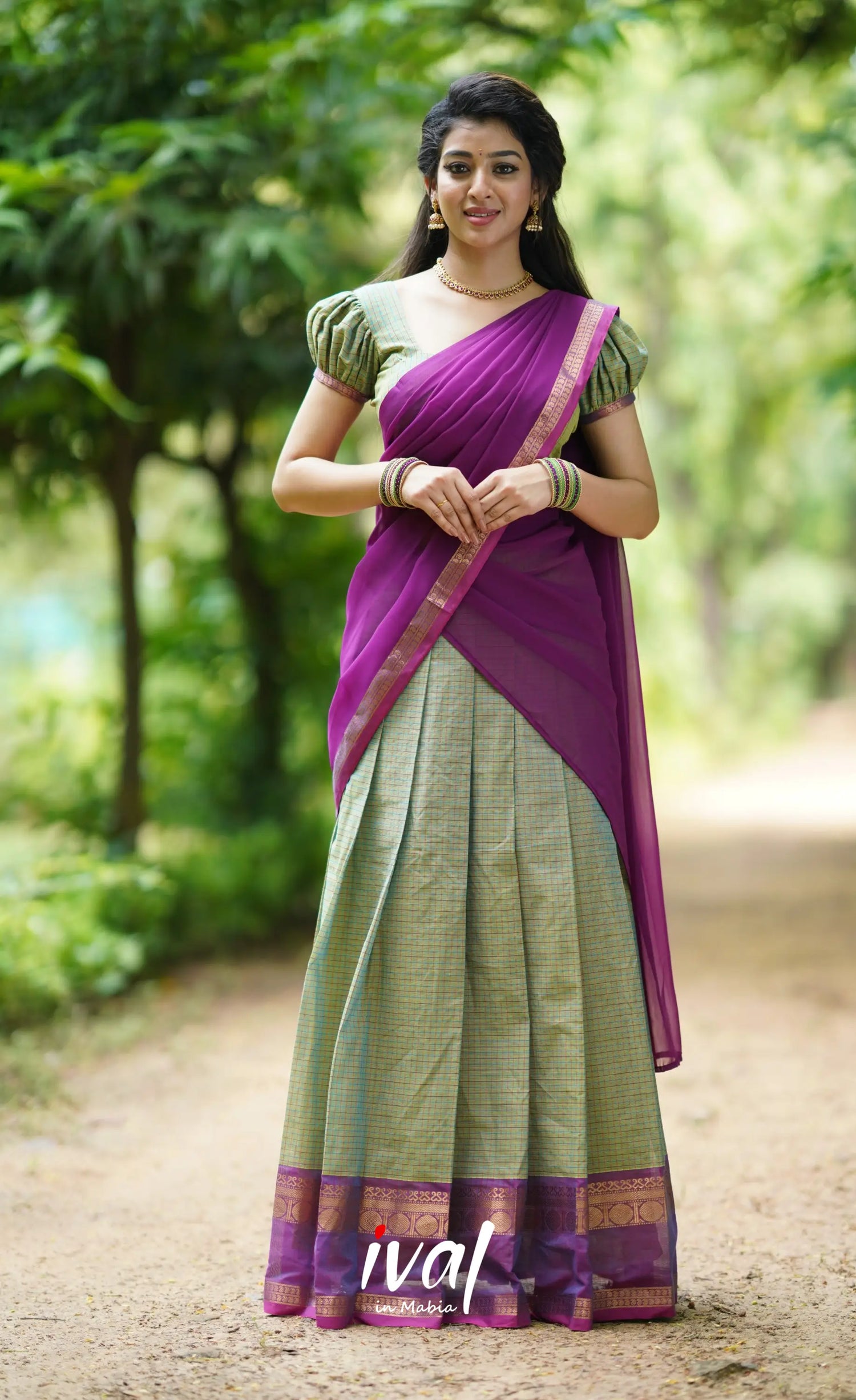 Padmaja- Sea Green And Purple Cotton Halfsaree Half Sarees