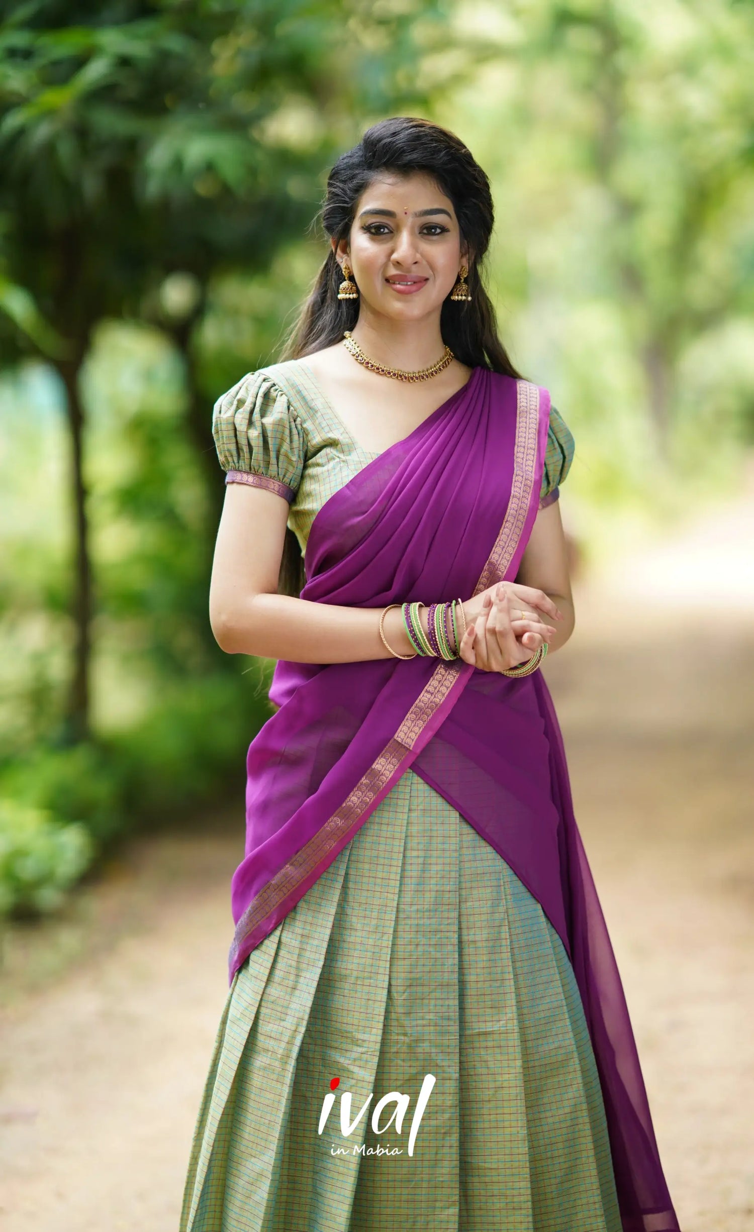 Padmaja- Sea Green And Purple Cotton Halfsaree Half Sarees