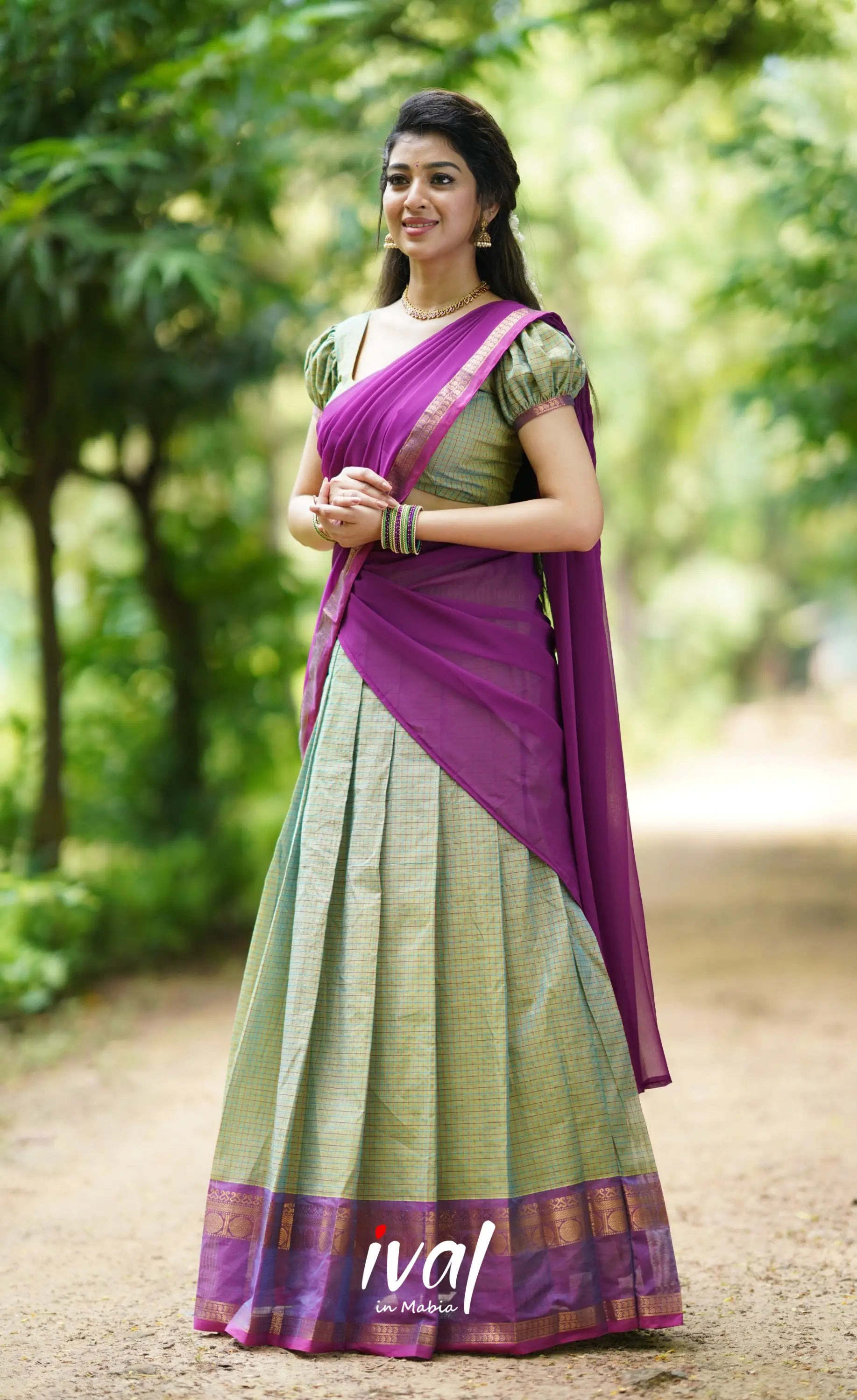 Padmaja- Sea Green And Purple Cotton Halfsaree Half Sarees