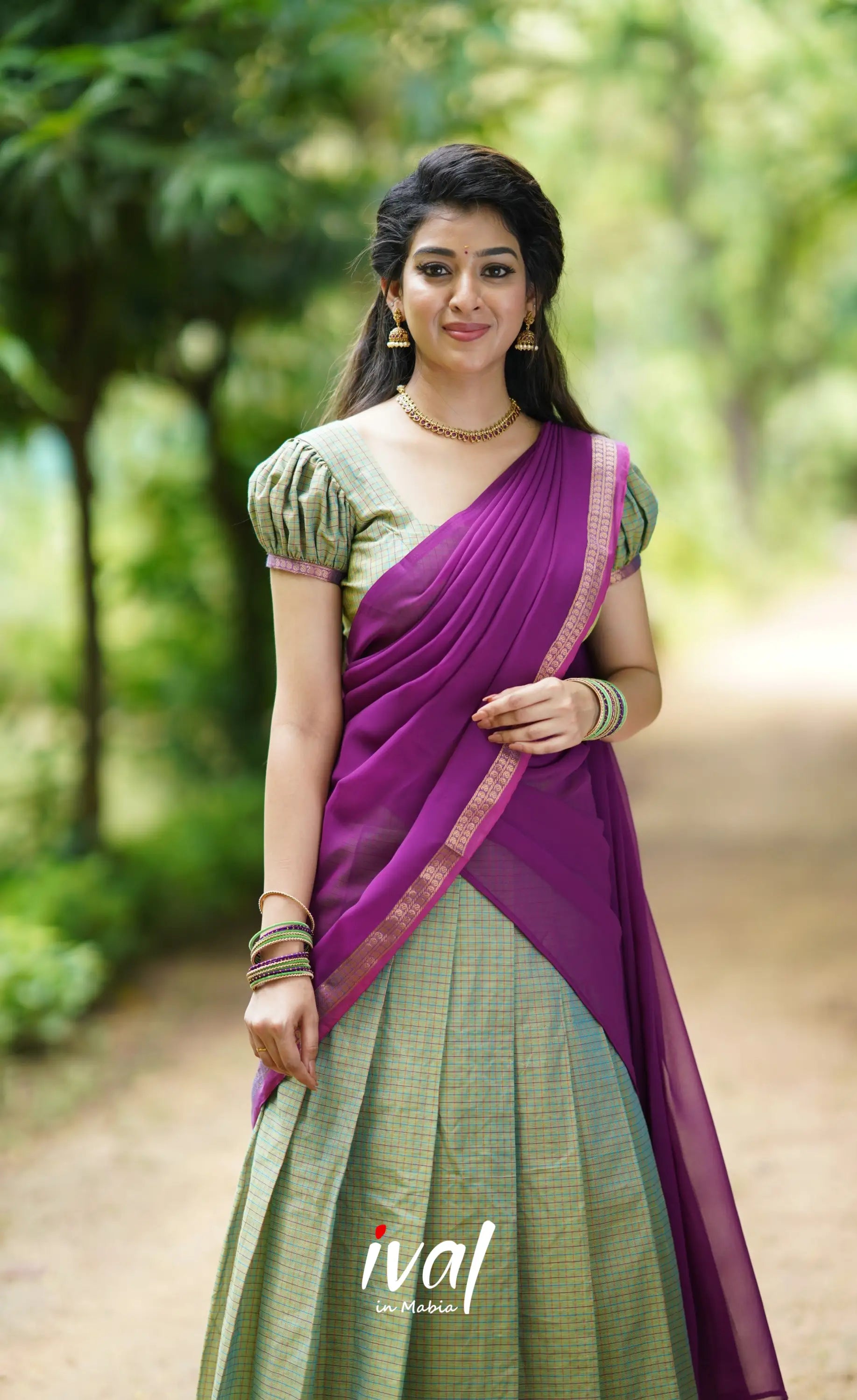 Padmaja- Sea Green And Purple Cotton Halfsaree Half Sarees