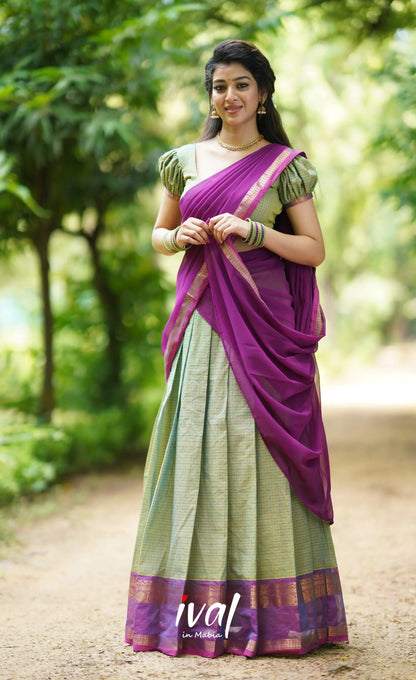 Padmaja- Sea Green And Purple Cotton Halfsaree Half Sarees