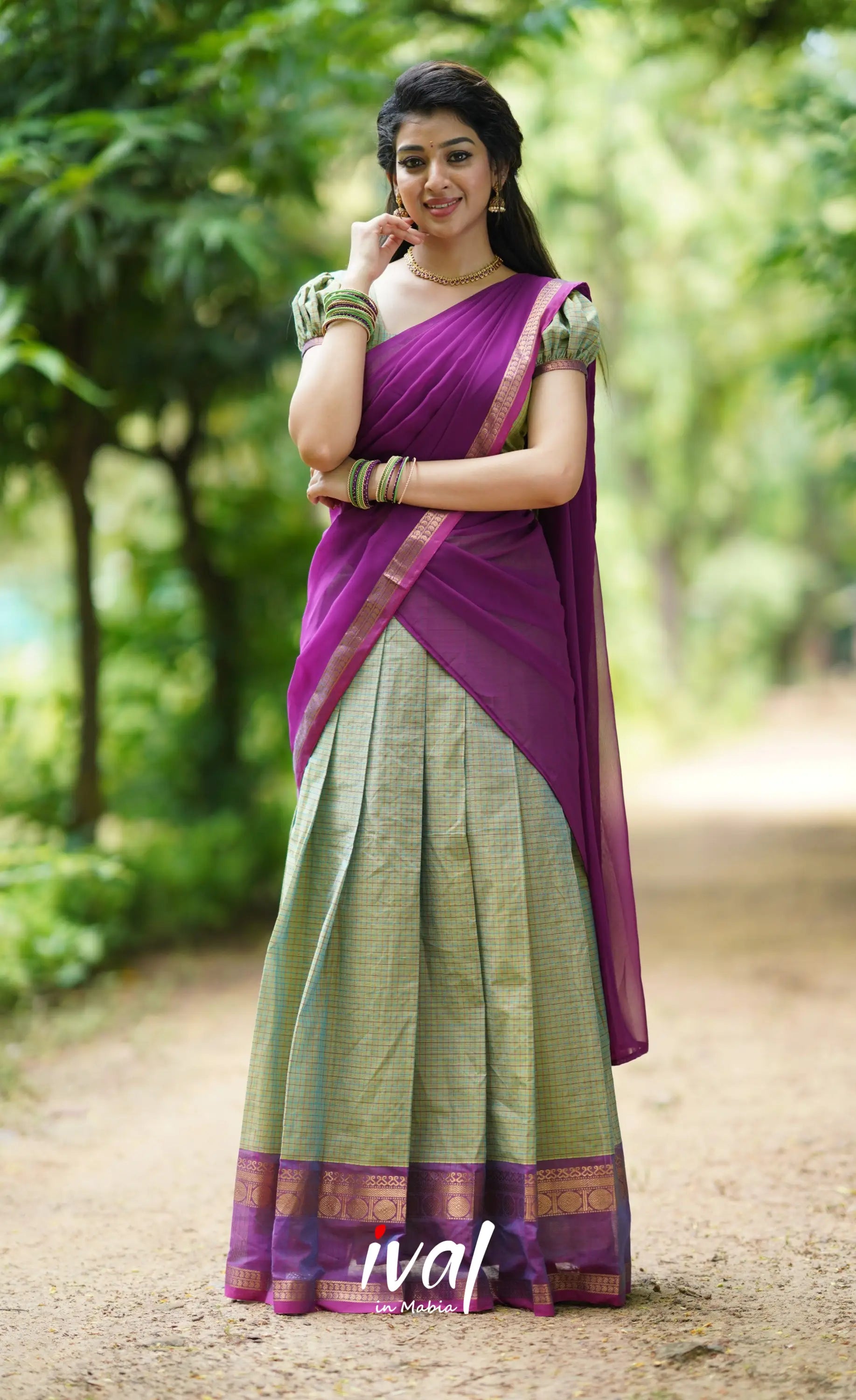 Padmaja- Sea Green And Purple Cotton Halfsaree Half Sarees