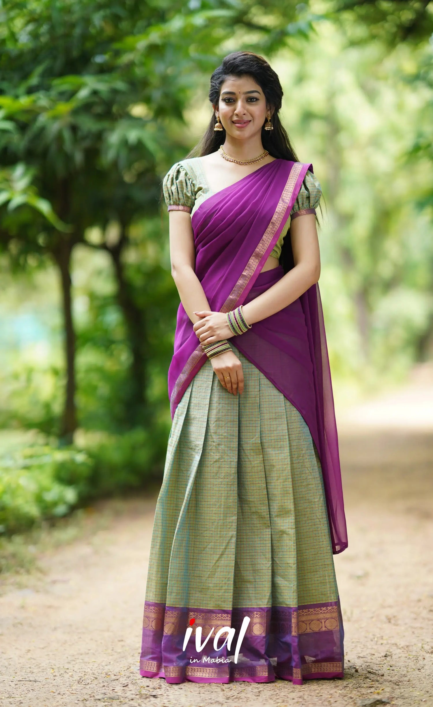 Padmaja- Sea Green And Purple Cotton Halfsaree Half Sarees