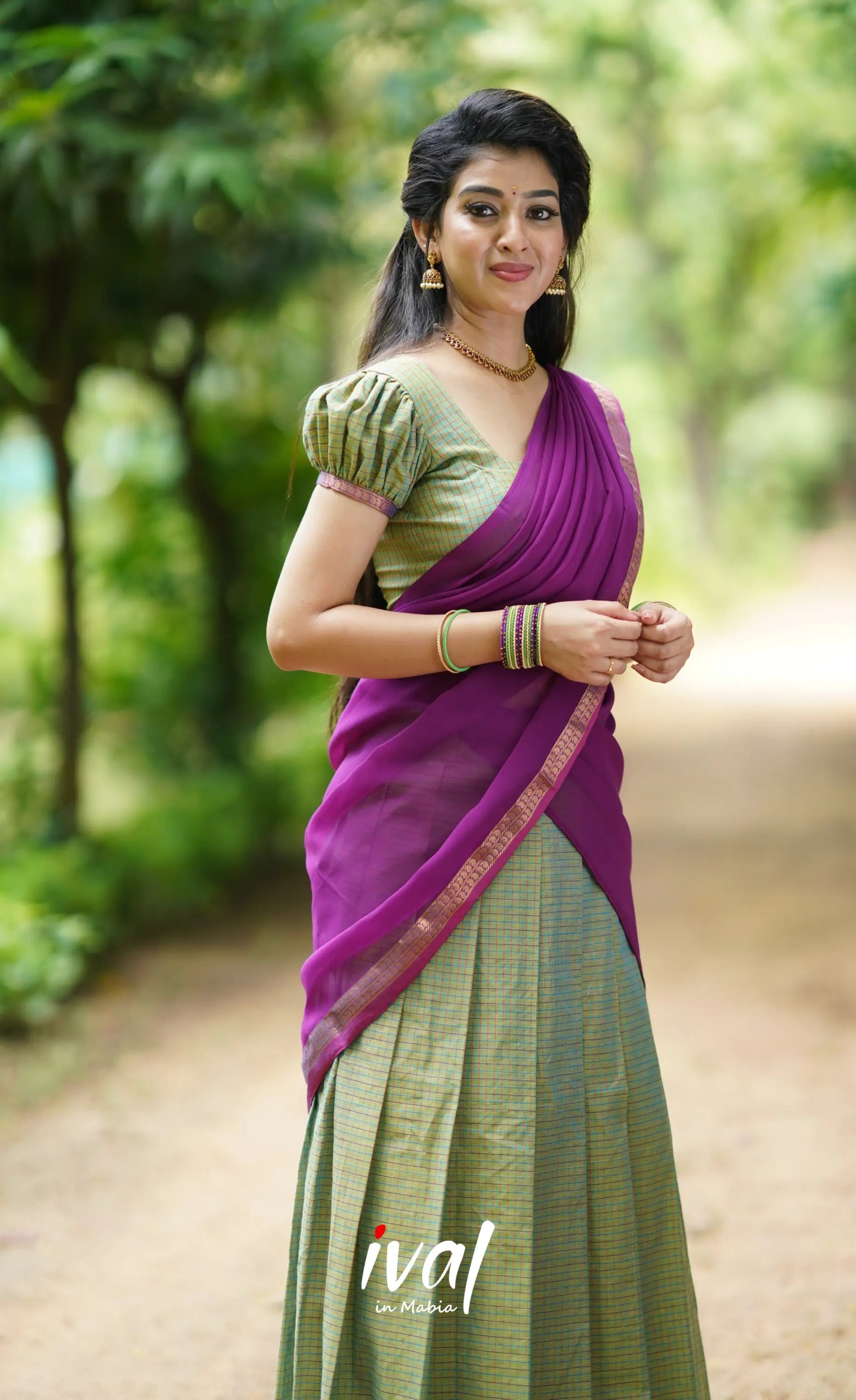 Padmaja- Sea Green And Purple Cotton Halfsaree Half Sarees