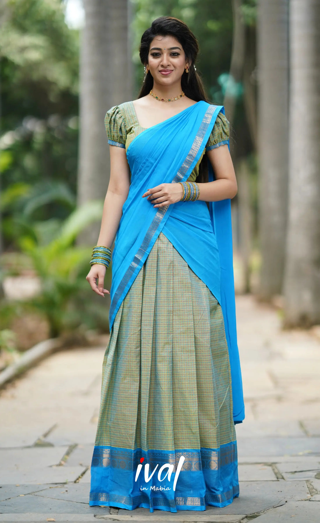 Padmaja- Sea Green And Sky Blue Cotton Halfsaree Half Sarees