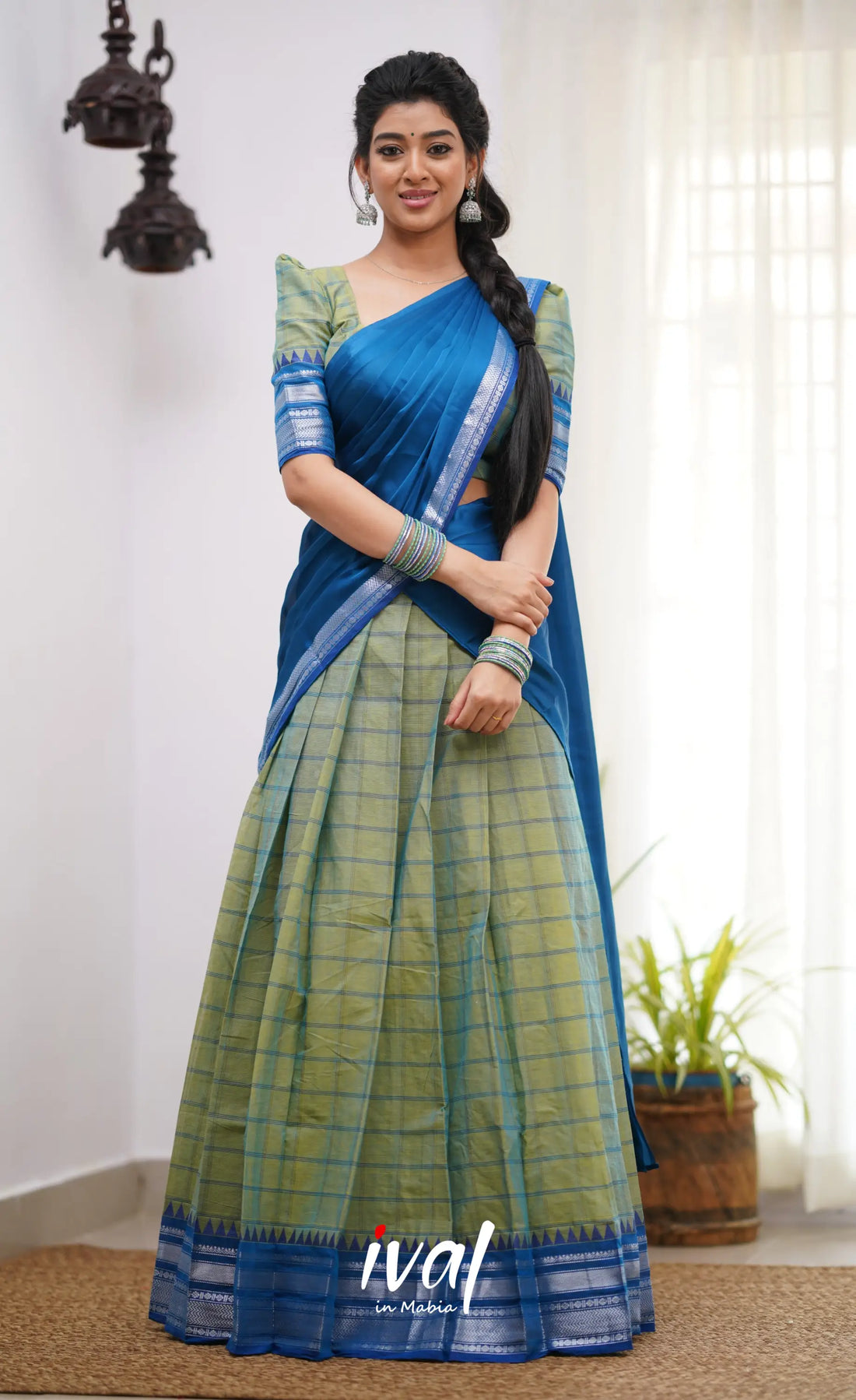 Padmaja Sea Green Shade And Blue Tone Cotton Halfsaree Half Sarees