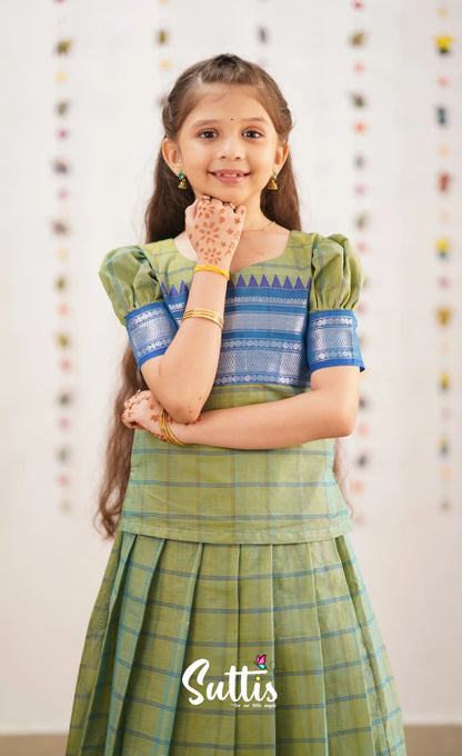 Padmaja Sea Green Shade And Blue Tone Cotton Pavadai Sattai Kids-Suttis