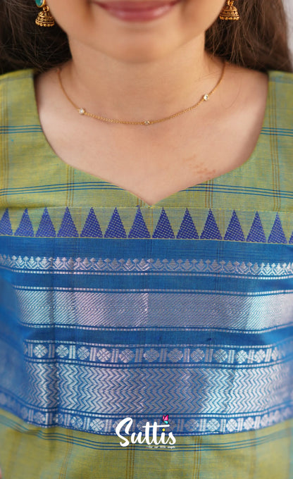 Padmaja Sea Green Shade And Blue Tone Cotton Pavadai Sattai Kids-Suttis