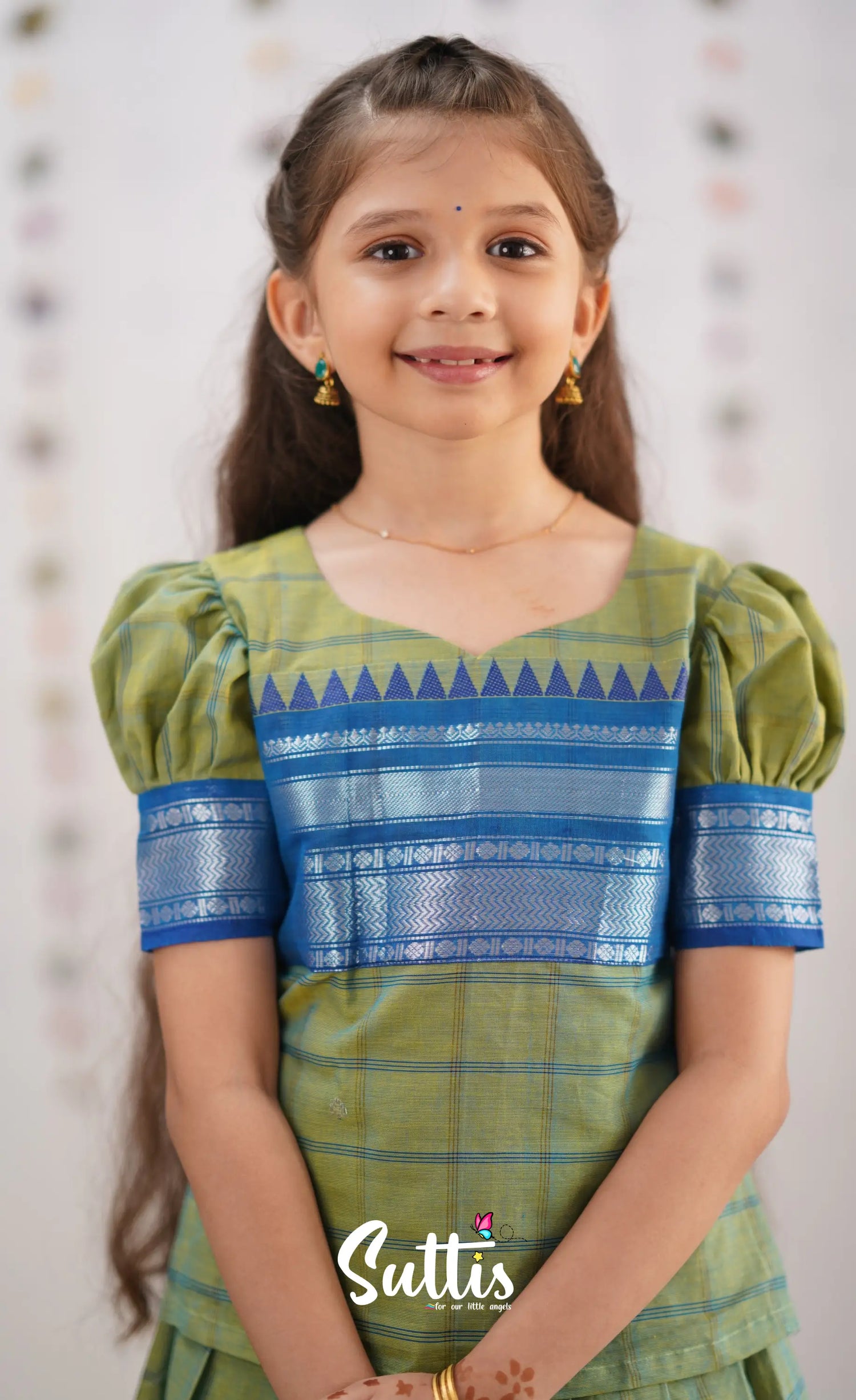 Padmaja Sea Green Shade And Blue Tone Cotton Pavadai Sattai Kids-Suttis