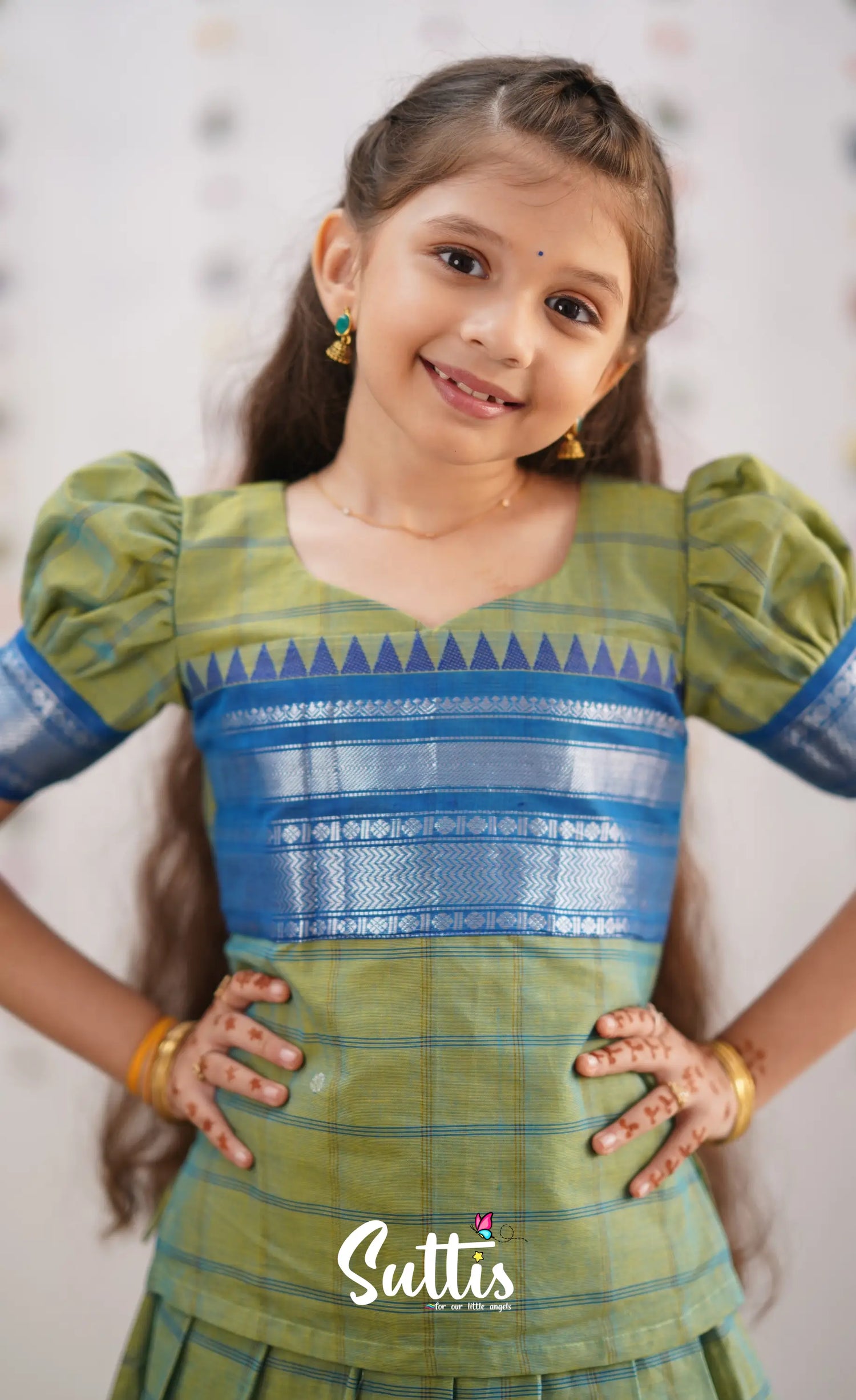 Padmaja Sea Green Shade And Blue Tone Cotton Pavadai Sattai Kids-Suttis