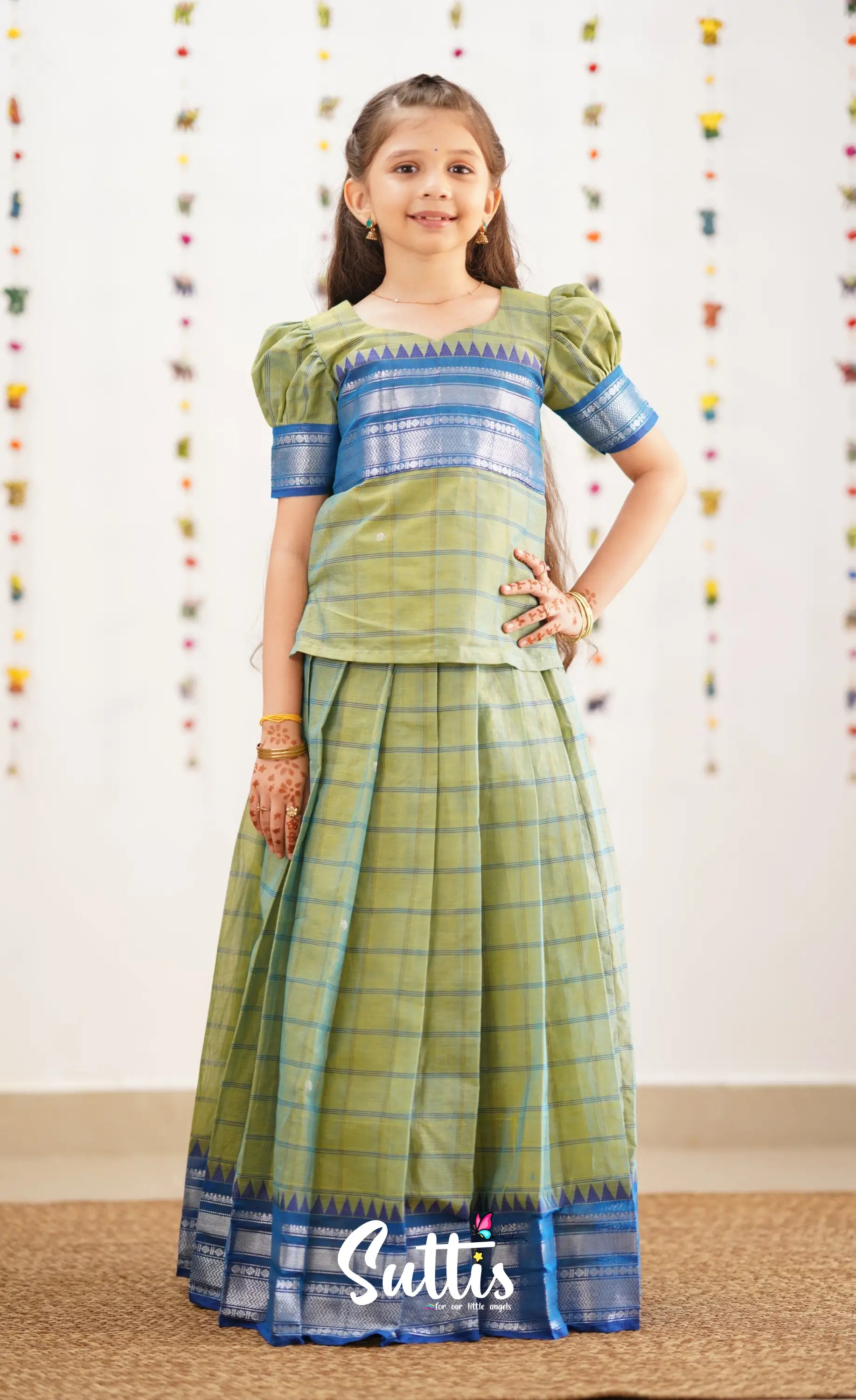 Padmaja Sea Green Shade And Blue Tone Cotton Pavadai Sattai Kids-Suttis