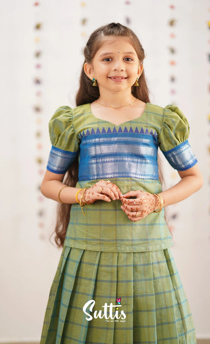 Padmaja Sea Green Shade And Blue Tone Cotton Pavadai Sattai Kids-Suttis
