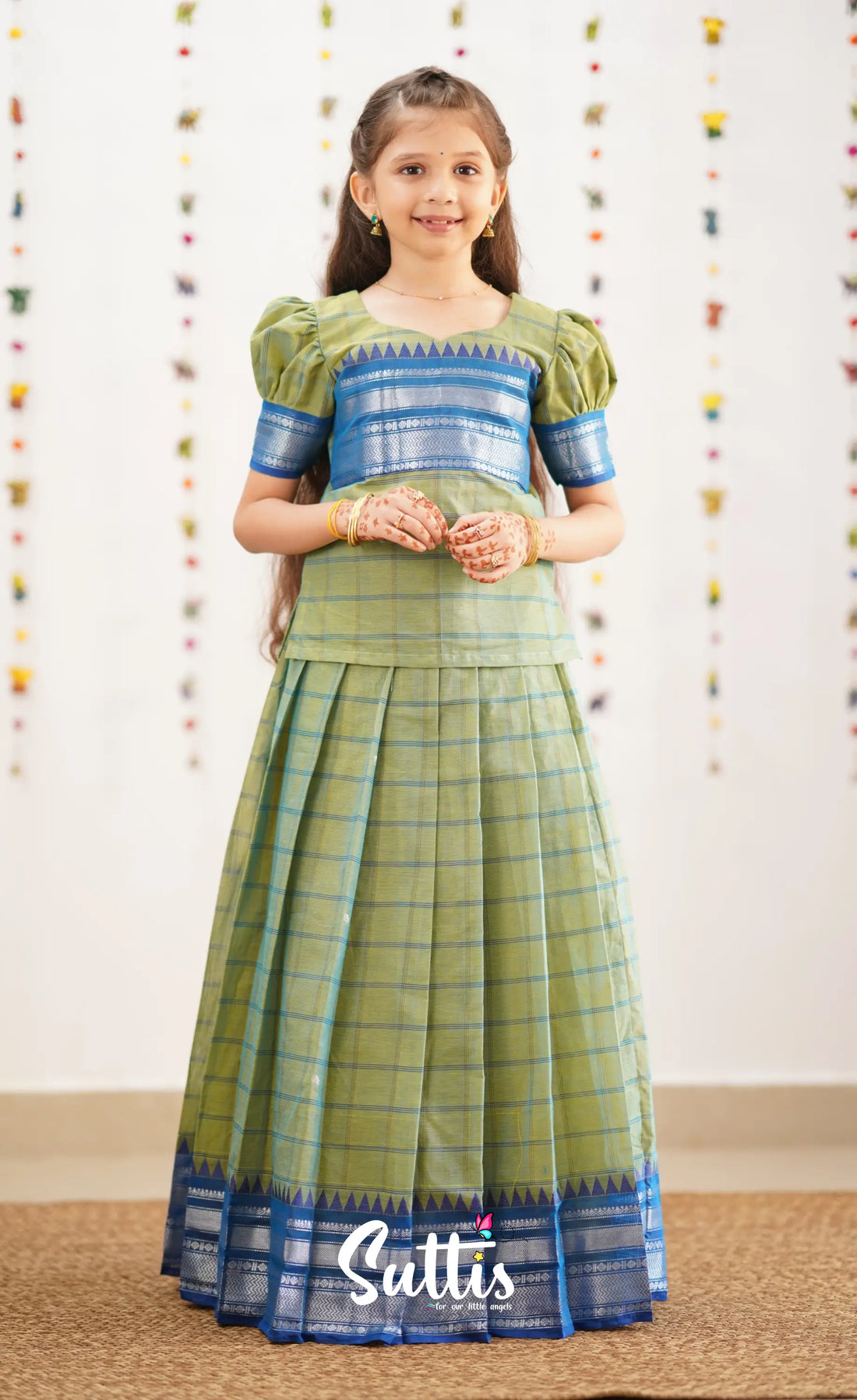 Padmaja Sea Green Shade And Blue Tone Cotton Pavadai Sattai Kids-Suttis