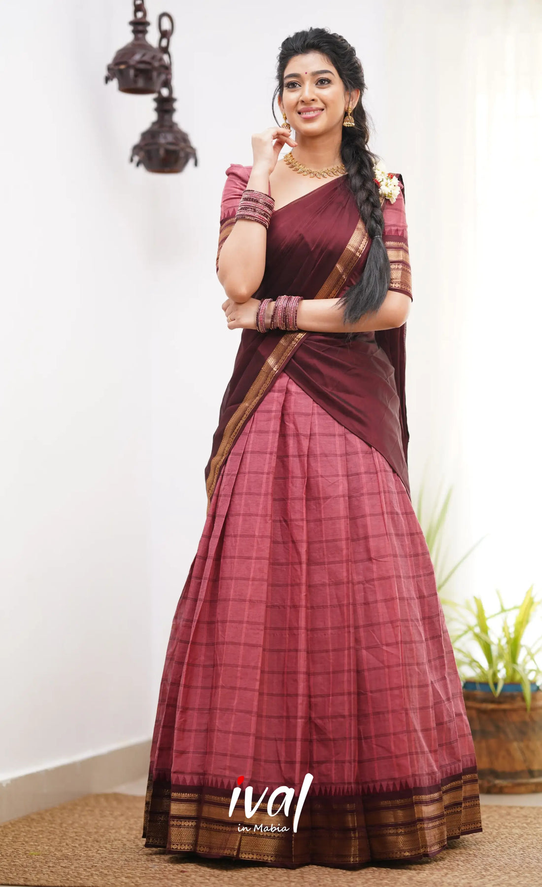 Padmaja Shade Of Brick Pink And Dark Brownish Maroon Tone Cotton Halfsaree Half Sarees