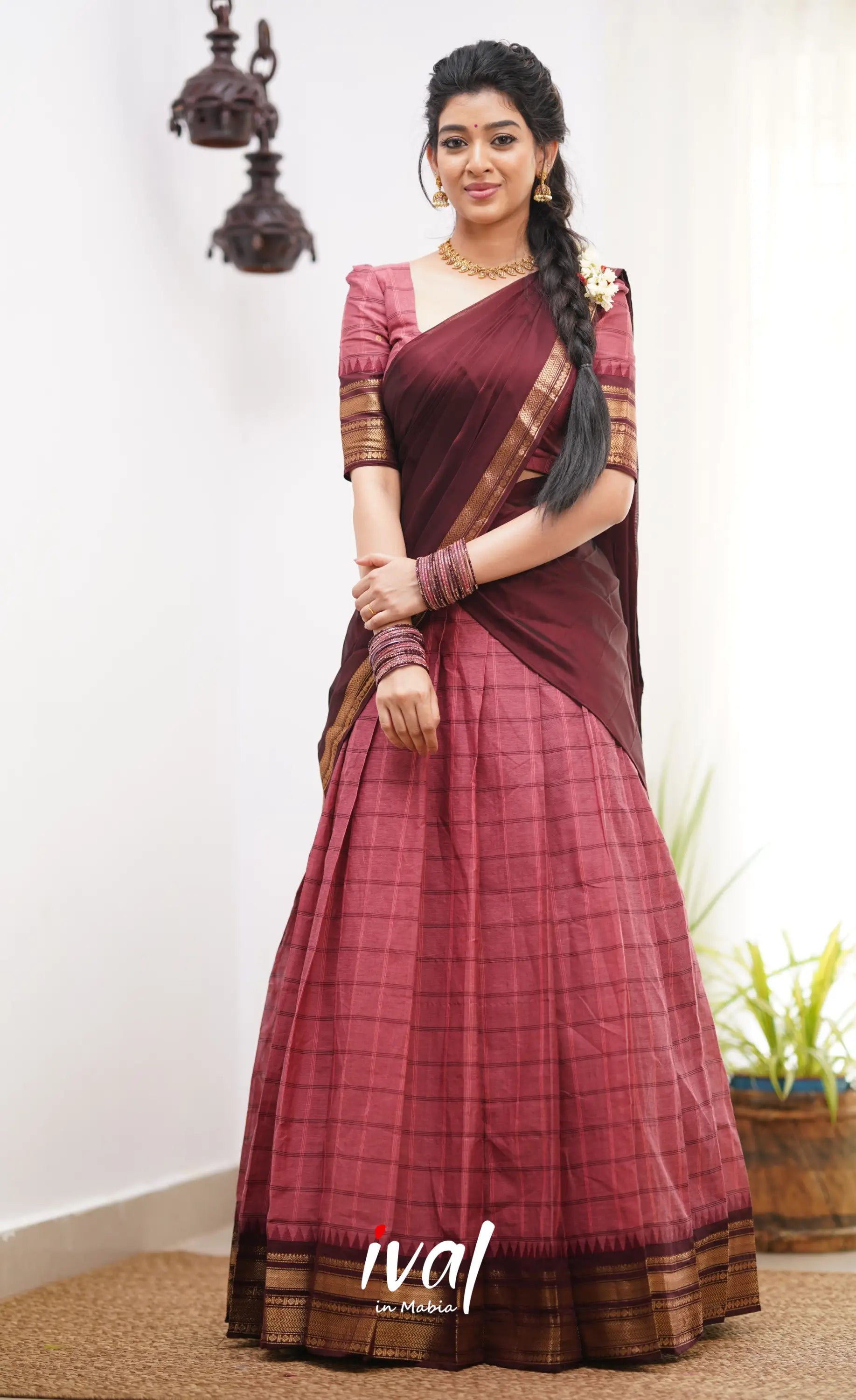 Padmaja Shade Of Brick Pink And Dark Brownish Maroon Tone Cotton Halfsaree Half Sarees