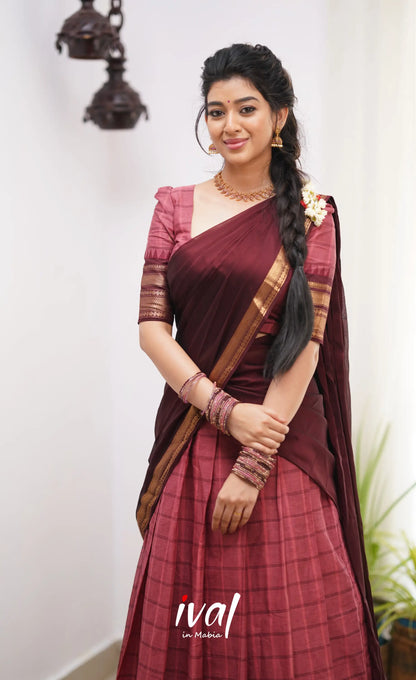 Padmaja Shade Of Brick Pink And Dark Brownish Maroon Tone Cotton Halfsaree Half Sarees