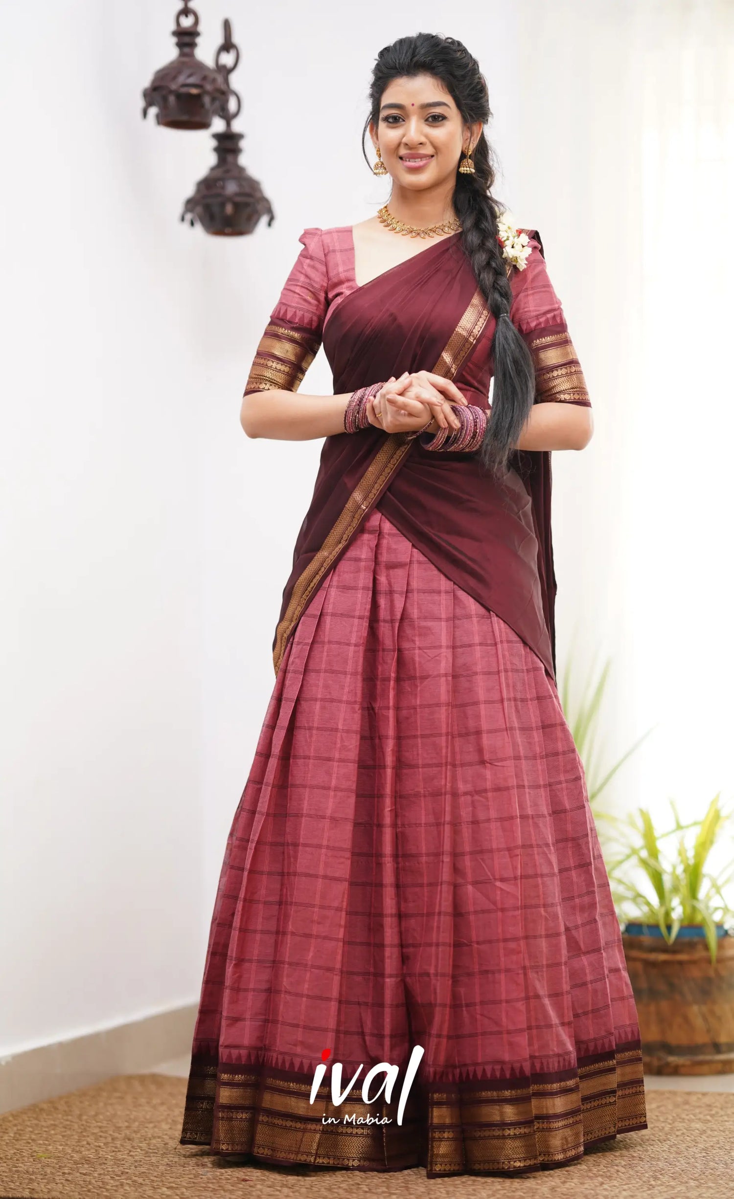 Padmaja Shade Of Brick Pink And Dark Brownish Maroon Tone Cotton Halfsaree Half Sarees