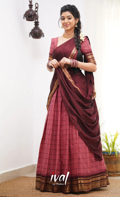 Padmaja Shade Of Brick Pink And Dark Brownish Maroon Tone Cotton Halfsaree Half Sarees