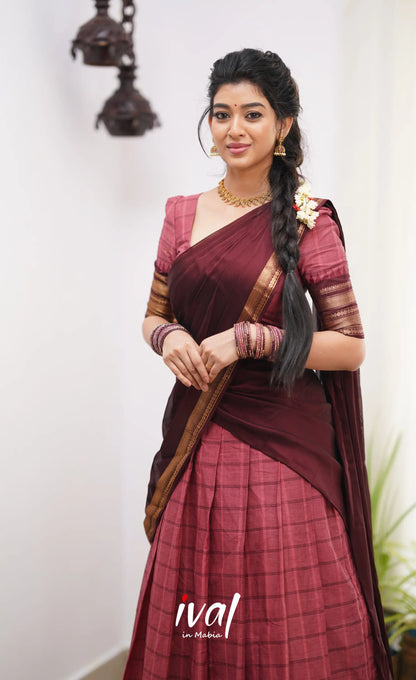 Padmaja Shade Of Brick Pink And Dark Brownish Maroon Tone Cotton Halfsaree Half Sarees