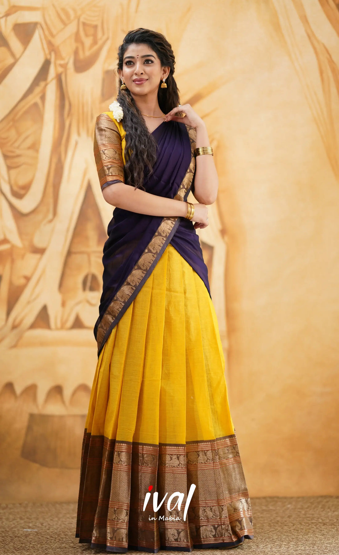 Padmaja - Yellow And Dark Purple Cotton Halfsaree Half Sarees