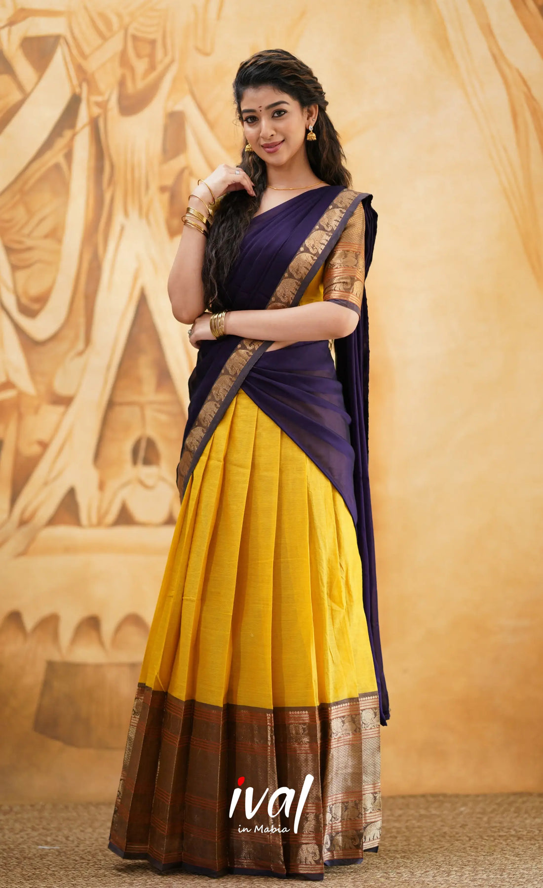 Padmaja - Yellow And Dark Purple Cotton Halfsaree Half Sarees