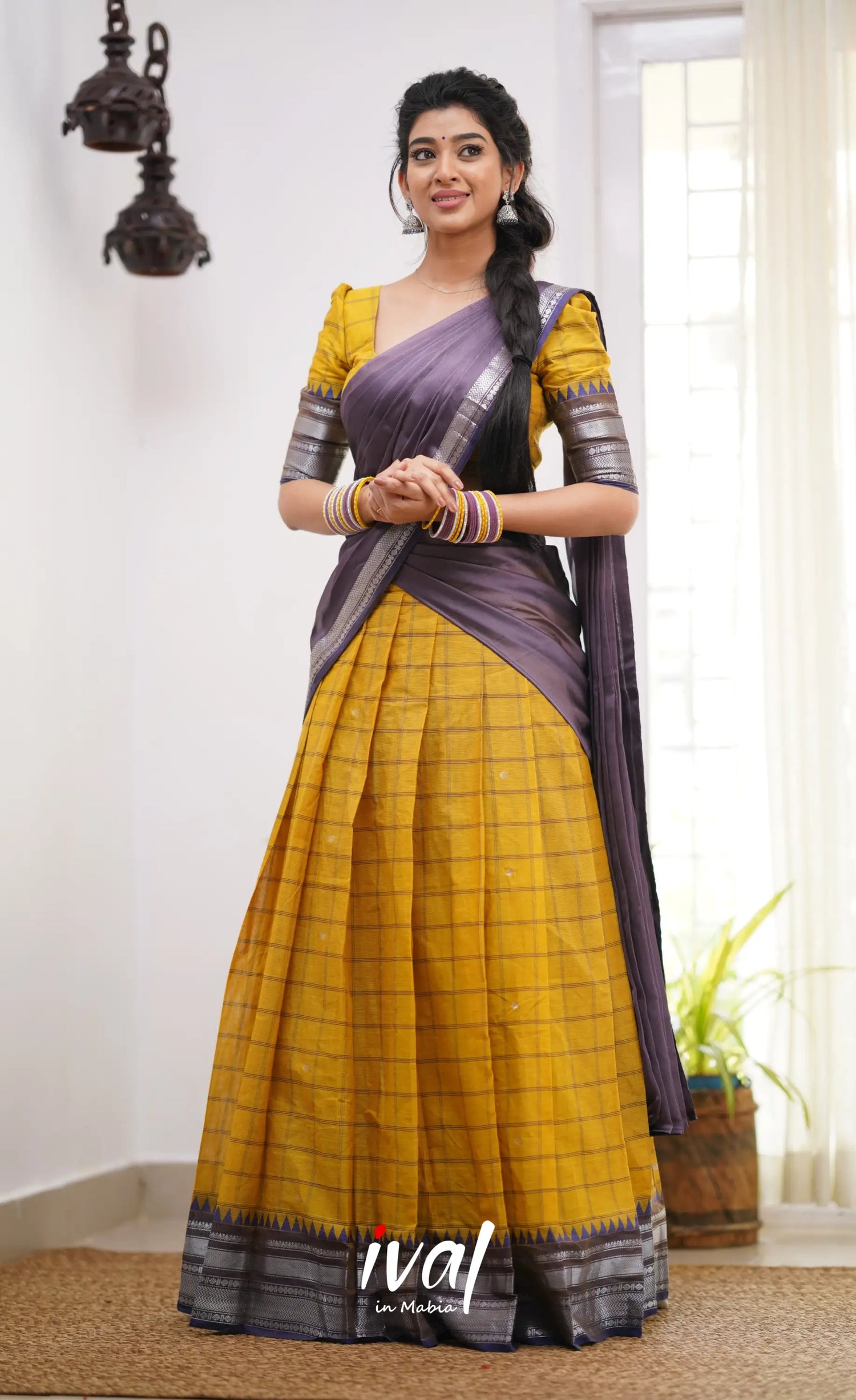 Padmaja Shade Of Yellow And Dark Purple Tone Cotton Halfsaree Half Sarees