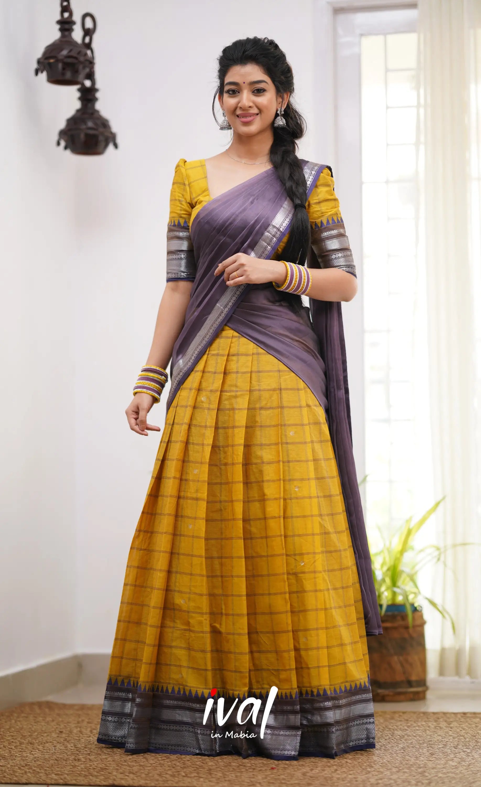 Padmaja Shade Of Yellow And Dark Purple Tone Cotton Halfsaree Half Sarees