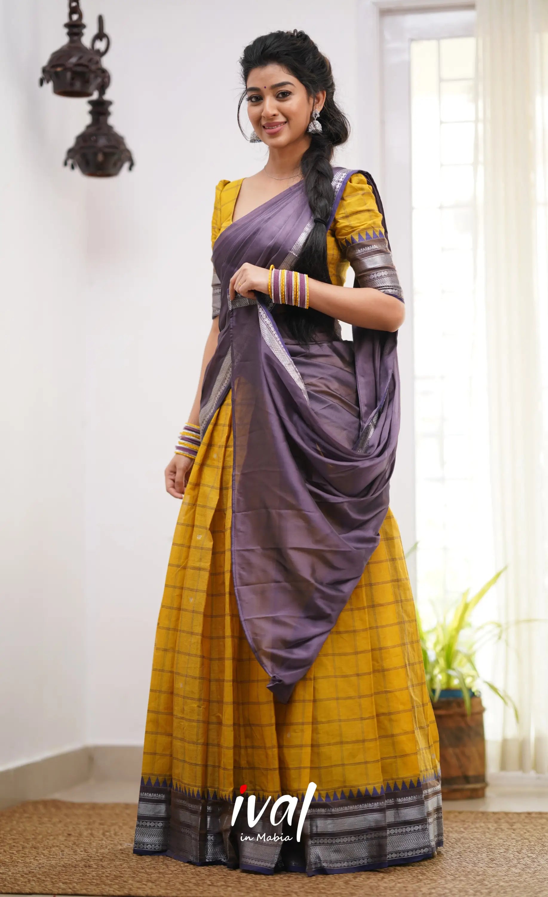 Padmaja Shade Of Yellow And Dark Purple Tone Cotton Halfsaree Half Sarees