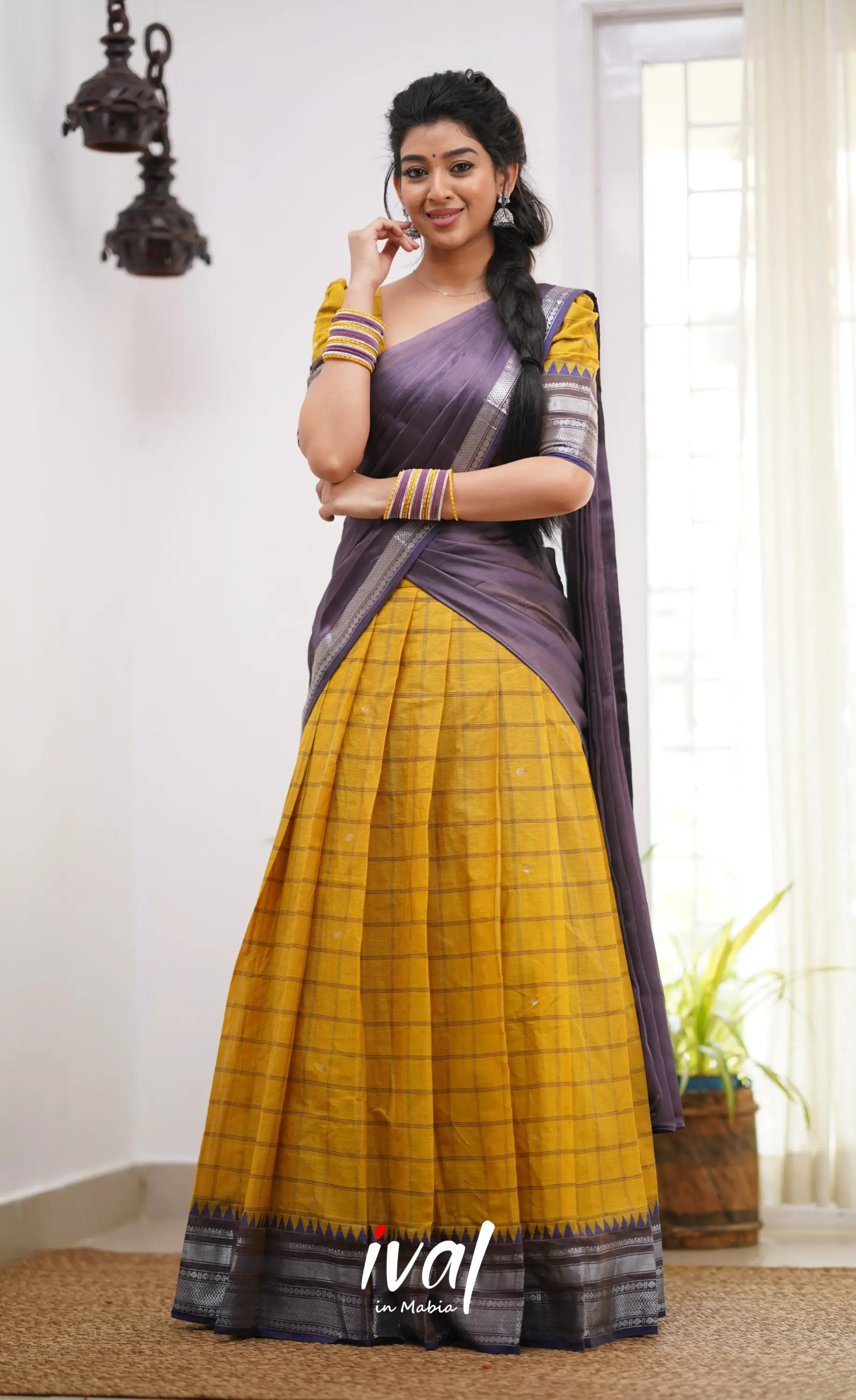 Padmaja Shade Of Yellow And Dark Purple Tone Cotton Halfsaree Half Sarees