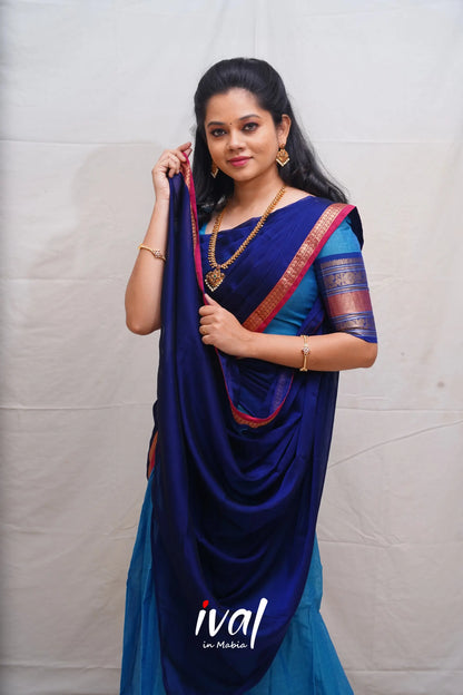 Padmaja - Sky Blue And Dark Cotton Halfsaree Half Sarees