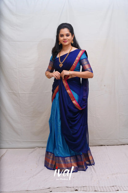 Padmaja - Sky Blue And Dark Cotton Halfsaree Half Sarees